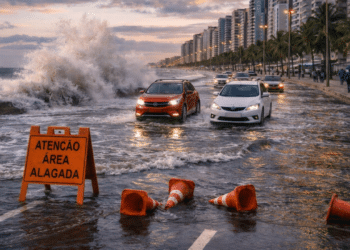 Ressaca no litoral de Santos (SP) faz ondas invadirem a avenida da orla, deixando a via parcialmente alagada e exigindo atenção redobrada de motoristas.