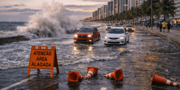 Ressaca no litoral de Santos (SP) faz ondas invadirem a avenida da orla, deixando a via parcialmente alagada e exigindo atenção redobrada de motoristas.