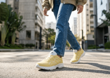 Tênis H&M amarelo pastel em destaque em um look urbano moderno