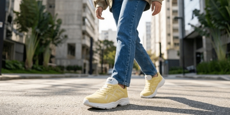Tênis H&M amarelo pastel em destaque em um look urbano moderno