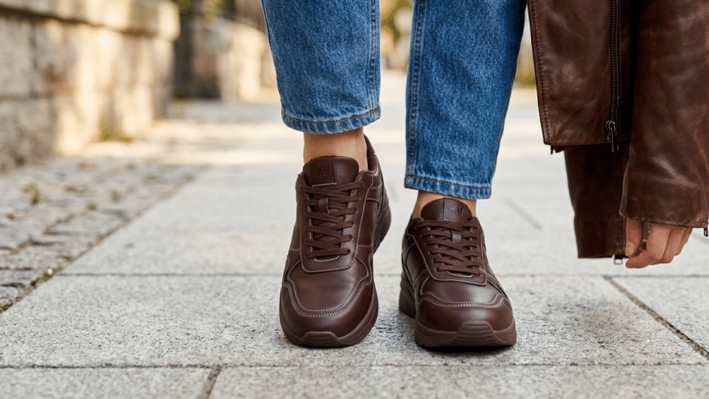 O tênis marrom chocolate e jeans, focando nas texturas