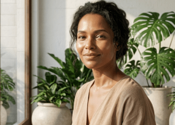 Mulher de 45 anos com pele radiante e viçosa sob a luz natural