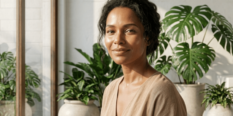 Mulher de 45 anos com pele radiante e viçosa sob a luz natural