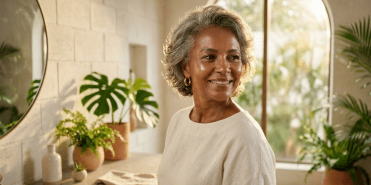 Mulher de 55 anos com pele luminosa e viçosa sob a luz da manhã