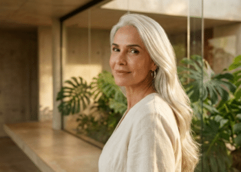 Mulher elegante com longo cabelo prateado brilhante sob luz solar