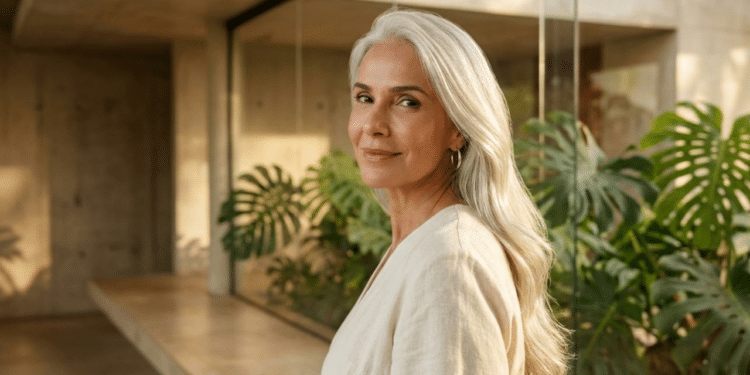 Mulher elegante com longo cabelo prateado brilhante sob luz solar