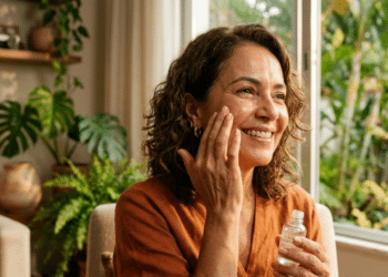 Mulher madura radiante aplica sérum, mostrando pele hidratada e luminosa