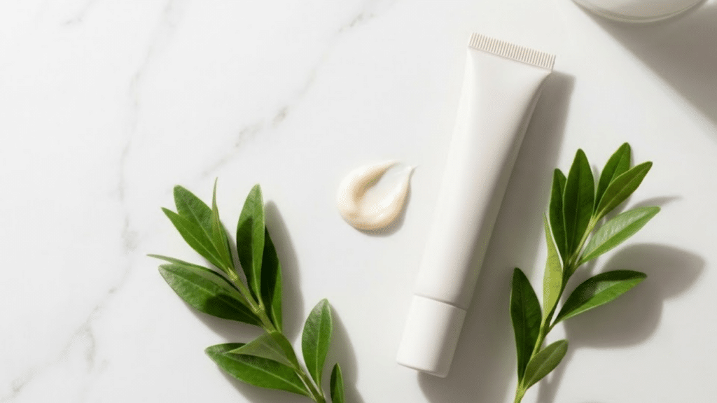 Gota de creme concentrado sobre mármore, destacando a textura luxuosa