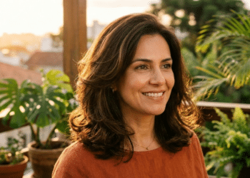 Mulher 40+ irradia confiança com cabelo volumoso ao pôr do sol