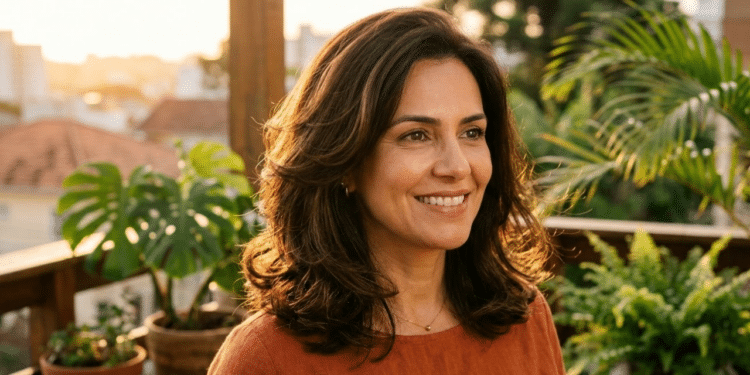 Mulher 40+ irradia confiança com cabelo volumoso ao pôr do sol
