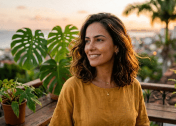 Mulher radiante com corte midi fluido sob a luz do pôr do sol