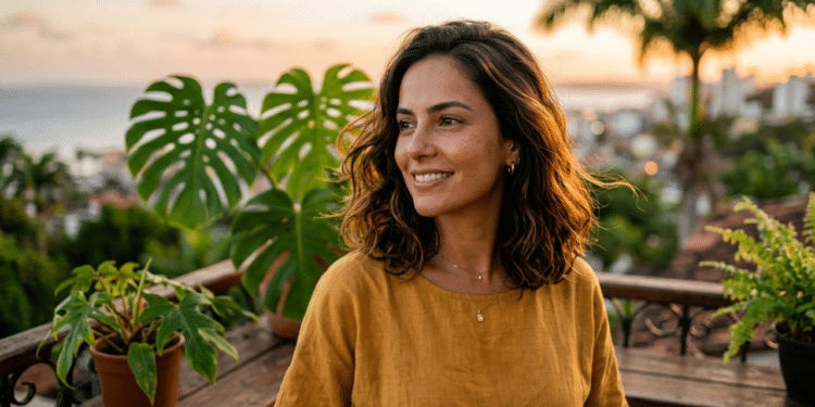 Mulher radiante com corte midi fluido sob a luz do pôr do sol