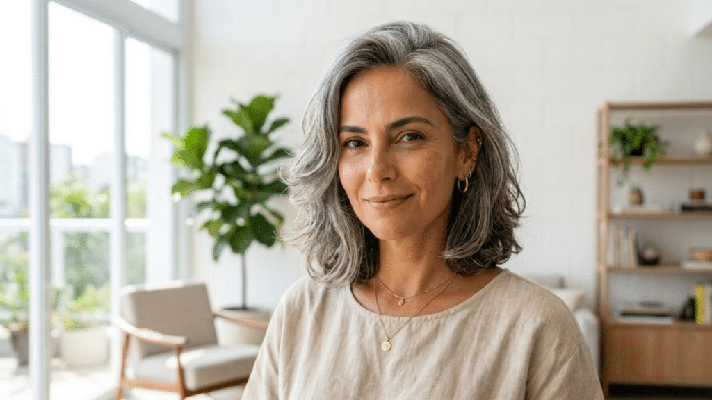 Mulher elegante com corte médio grisalho e brilhante