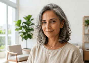 Mulher elegante com corte médio grisalho e brilhante