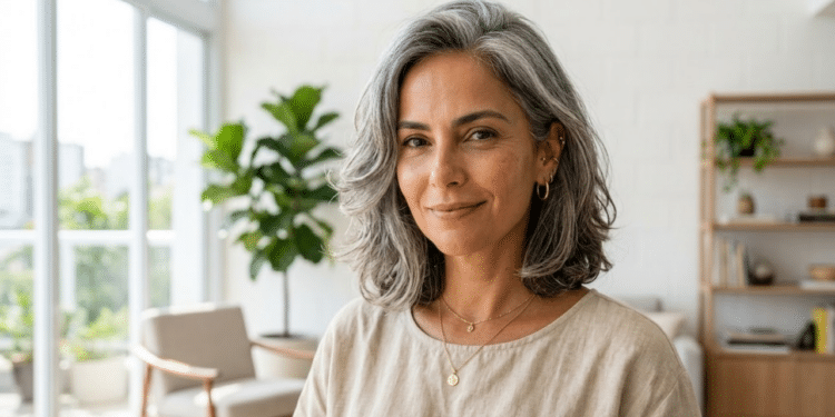 Mulher elegante com corte médio grisalho e brilhante