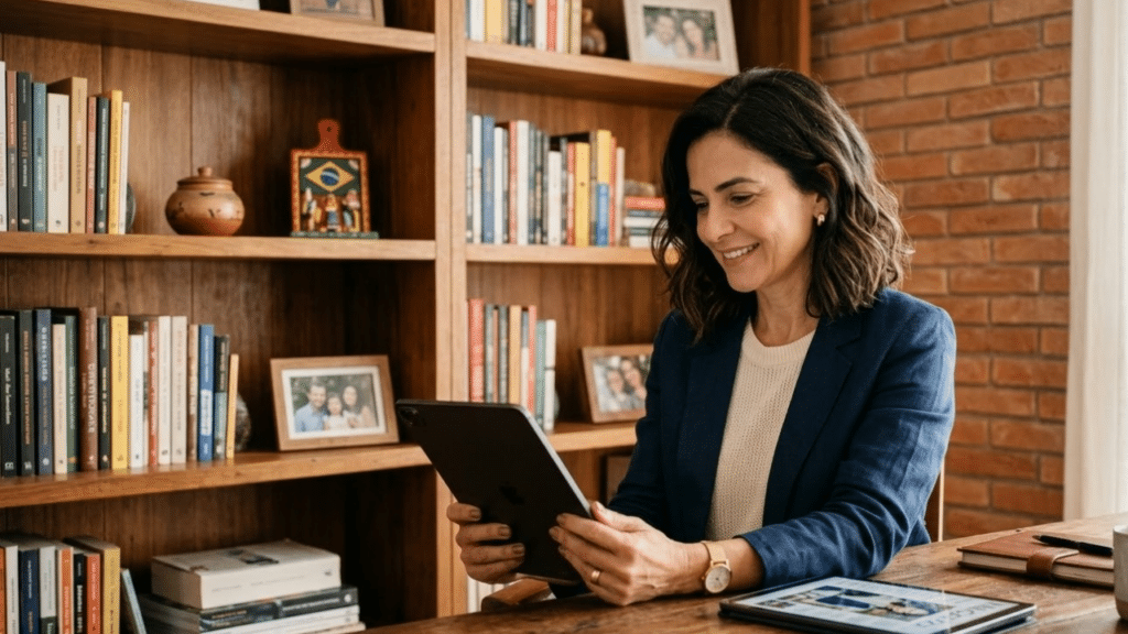 Corte Long Bob moderno em uma mulher madura em seu ambiente de trabalho