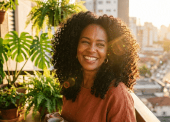 Mulher radiante com cabelos cheios e brilhantes, recuperados com saúde e vitalidade