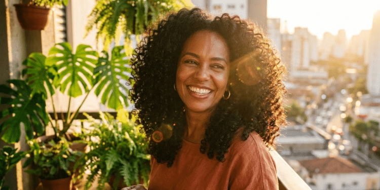 Mulher radiante com cabelos cheios e brilhantes, recuperados com saúde e vitalidade