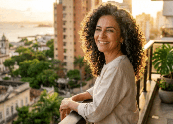 Mulher elegante exibe cachos definidos e brilhantes sob a luz dourada do sol