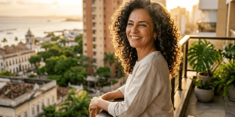 Mulher elegante exibe cachos definidos e brilhantes sob a luz dourada do sol