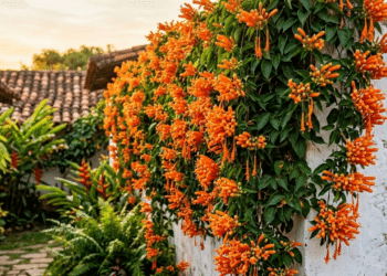 Bignônia laranja em flor cobrindo muro branco sob a luz dourada do sol.