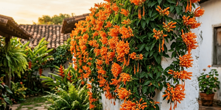 Bignônia laranja em flor cobrindo muro branco sob a luz dourada do sol.
