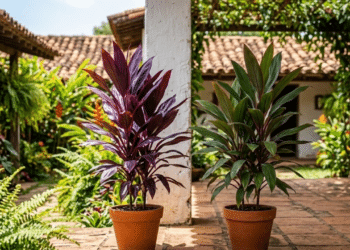 Comparação visual de duas dracenas mostrando como o sol intensifica a cor roxa versus a sombra