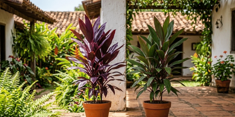 Comparação visual de duas dracenas mostrando como o sol intensifica a cor roxa versus a sombra