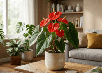 Antúrio vermelho vibrante em destaque em sala moderna, banhado pela luz natural da janela