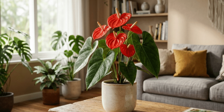 Antúrio vermelho vibrante em destaque em sala moderna, banhado pela luz natural da janela