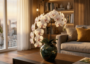 Orquídea luxuosa em centro de mesa sob a luz quente do pôr do sol em cobertura