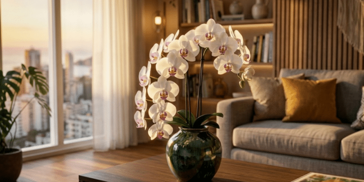 Orquídea luxuosa em centro de mesa sob a luz quente do pôr do sol em cobertura