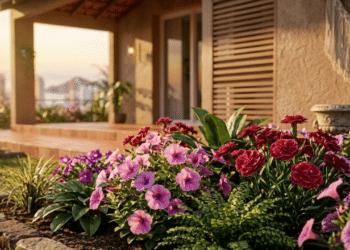 Canteiro vibrante de petúnias e cravinas sob a luz dourada de março