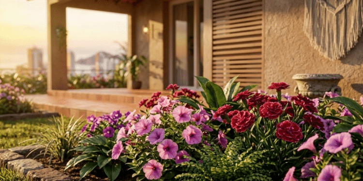 Canteiro vibrante de petúnias e cravinas sob a luz dourada de março