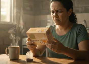 Mulher preocupada examina caixa de chá de camomila sob luz forte da cozinha