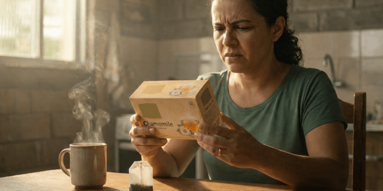 Mulher preocupada examina caixa de chá de camomila sob luz forte da cozinha