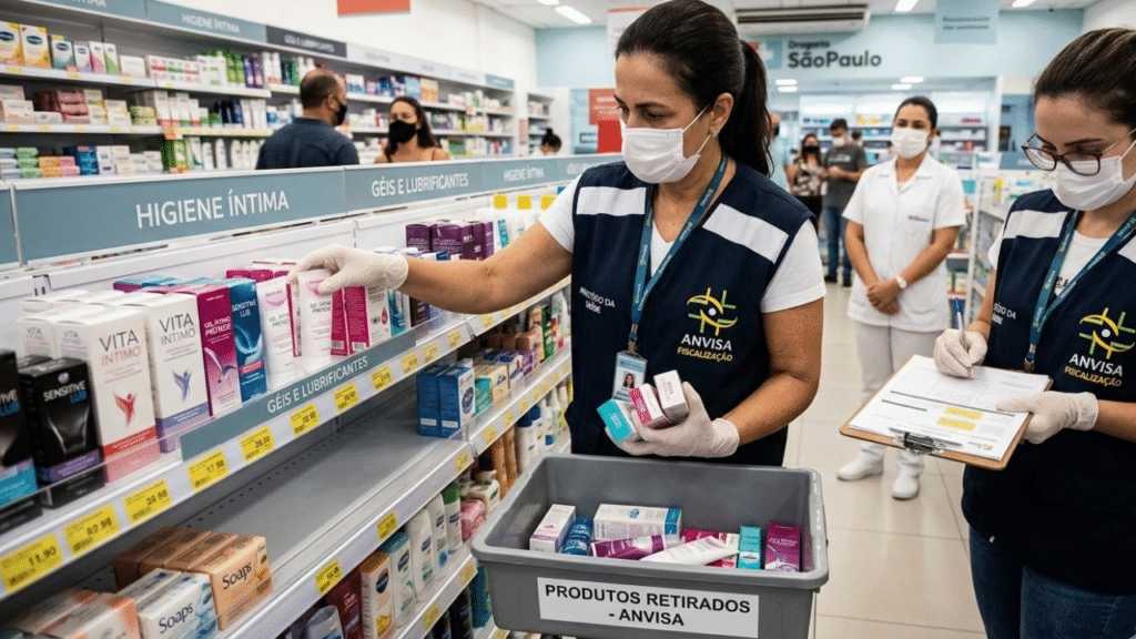 Agentes da Anvisa retirando produtos suspenso da prateleira