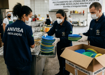 Agentes da Anvisa retirando pratos plásticos após suspensão - Imagem Ilustrativa