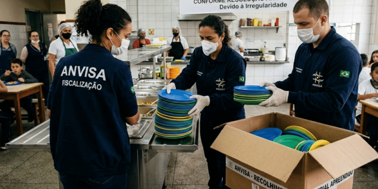 Agentes da Anvisa retirando pratos plásticos após suspensão - Imagem Ilustrativa