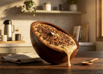 Ovo de colher gourmet em destaque com recheio cremoso e brilho intenso de chocolate nobre