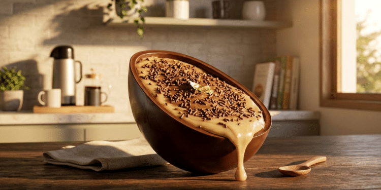 Ovo de colher gourmet em destaque com recheio cremoso e brilho intenso de chocolate nobre