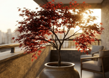 Bordo-japonês com folhas carmesim brilhando sob a luz do pôr do sol na varanda