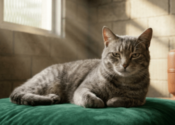 Gato com expressão de 'chefe' em sala brasileira sob luz tropical