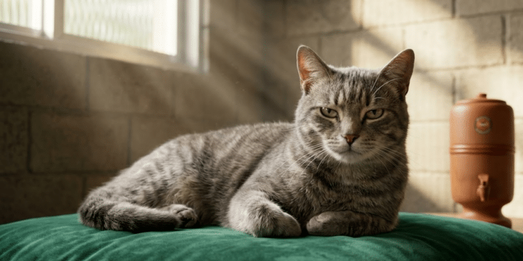 Gato com expressão de 'chefe' em sala brasileira sob luz tropical