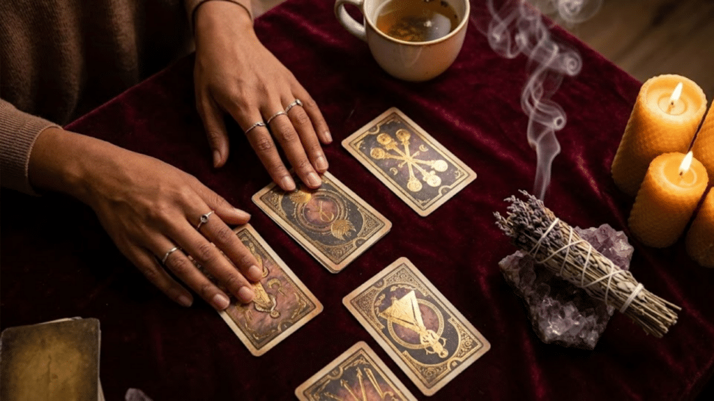 Mulher verificando as cartas do tarô em cima da mesa