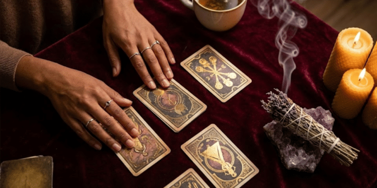 Mulher verificando as cartas do tarô em cima da mesa