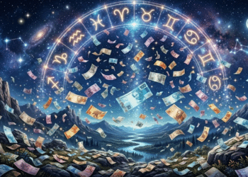 Signos do zodíaco com notas de dinheiro flutuando