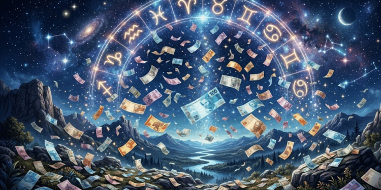 Signos do zodíaco com notas de dinheiro flutuando