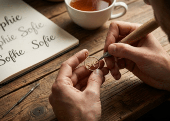 Homem gravando o nome Sofia em um pingente de ouro, simbolizando a preciosidade e a perenidade dessa escolha.