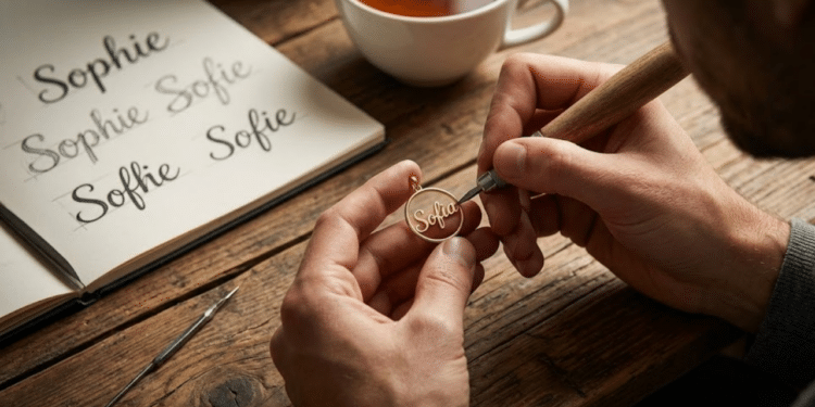 Homem gravando o nome Sofia em um pingente de ouro, simbolizando a preciosidade e a perenidade dessa escolha.